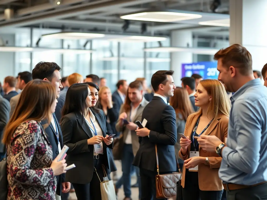 A photograph capturing a networking session at the Polish Entrepreneurship Forum 2025, with attendees exchanging business cards and engaging in conversations.