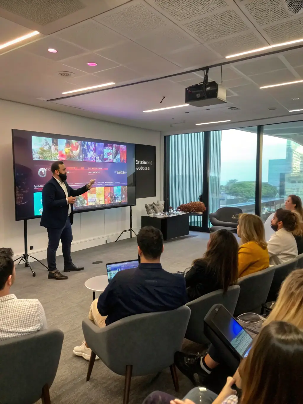 A dynamic marketing presentation on stage, showcasing innovative strategies and data-driven insights.