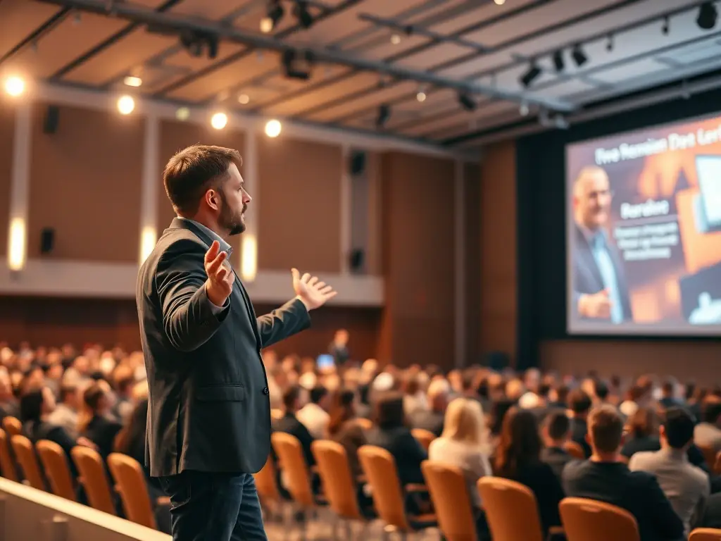 A photograph depicting a morning keynote session at the Polish Entrepreneurship Forum 2025, with attendees listening attentively to a speaker on stage, projected slides visible in the background.