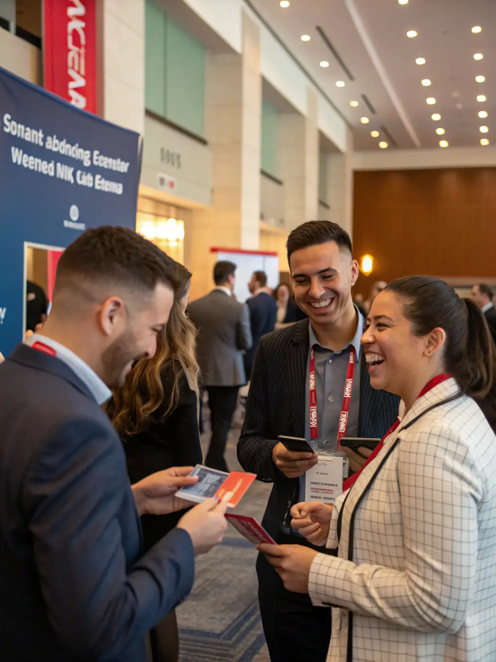 A diverse group of professionals actively networking at a conference, exchanging business cards and engaging in lively conversations.